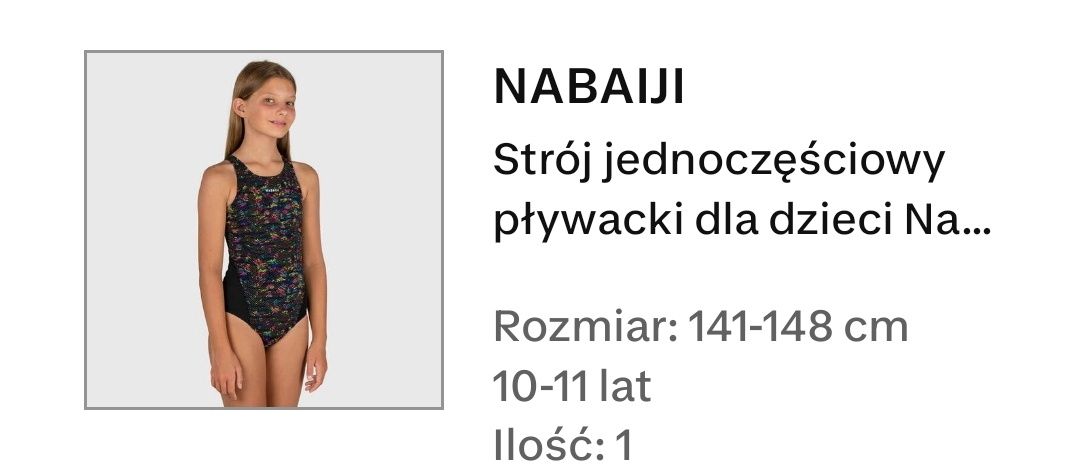 Jednoczęściowy strój pływacki Nabaiji rozm. 134-142 cm