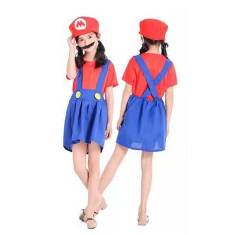 Kostium Mario dziewczęcy sukienka + czapka + wąsy Nowa 104 cm / 110 cm