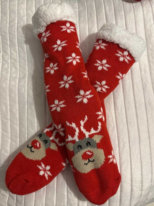 Świąteczne skarpety ocieplane ABS grube ciepłe futerko