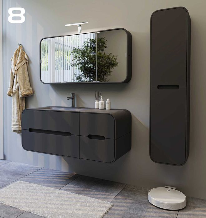 Меблі у ванну кімнату з акрилового каменю. Тумба, пенал, дзеркало