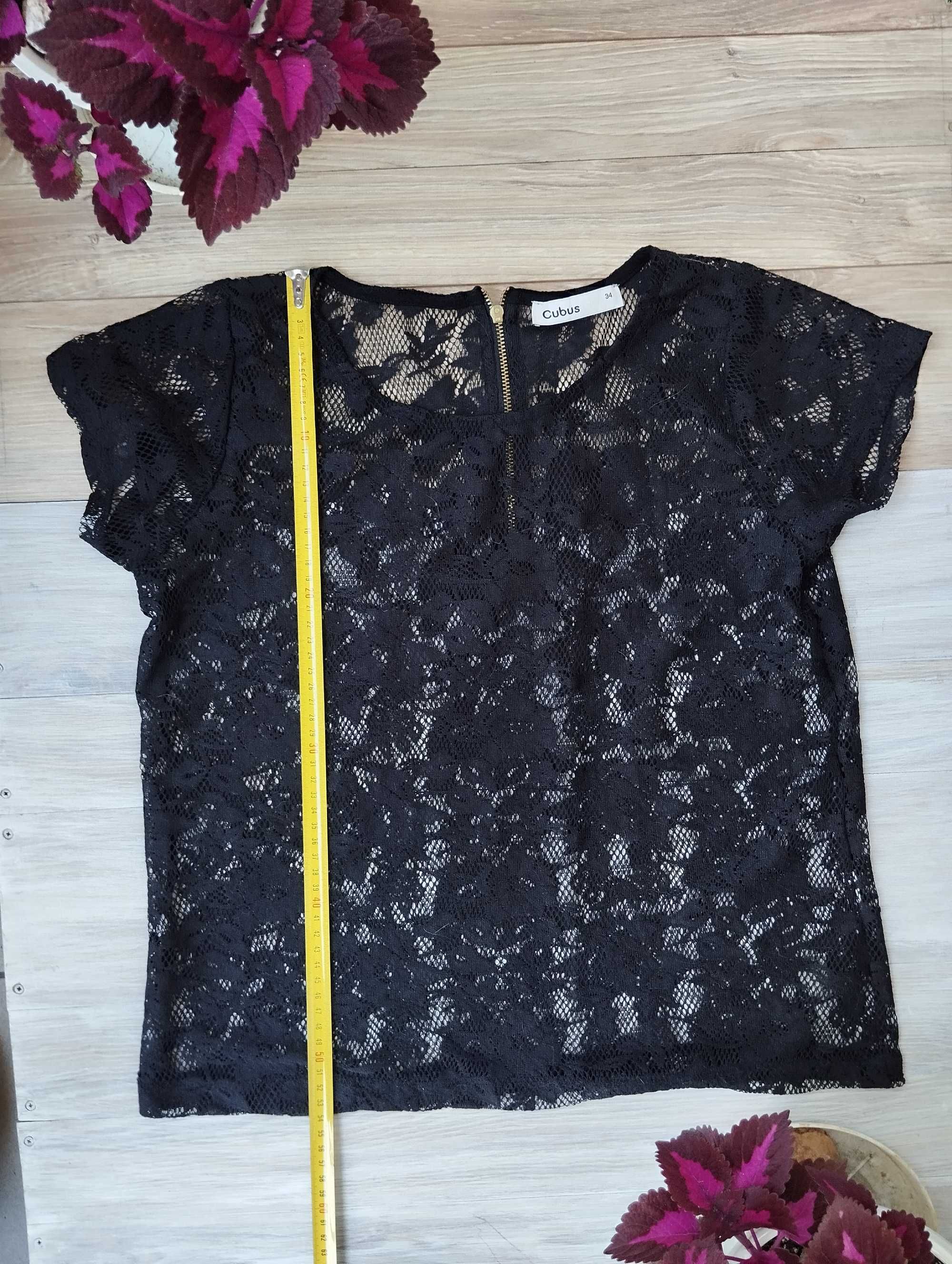 koronkowy t-shirt top czarny xs rękaw ażur transparent rockowy gotycki