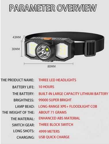 Lanterna de cabeça LED - bateria de lítio - NOVA
