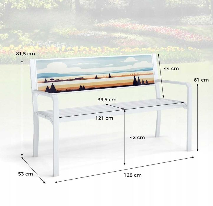 Ławka ogrodowa z grafiką na oparciu Ławka tarasowa biała