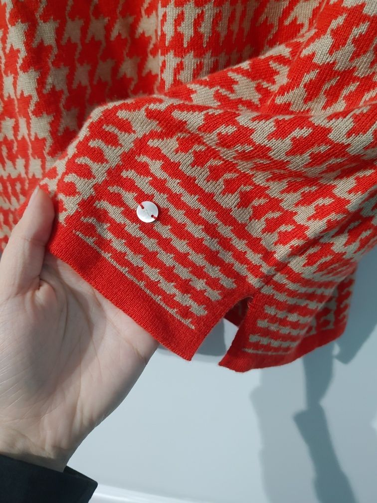 Brax sweter damski 22% wełna 5% kaszmir premium w pepitkę czerwony beż