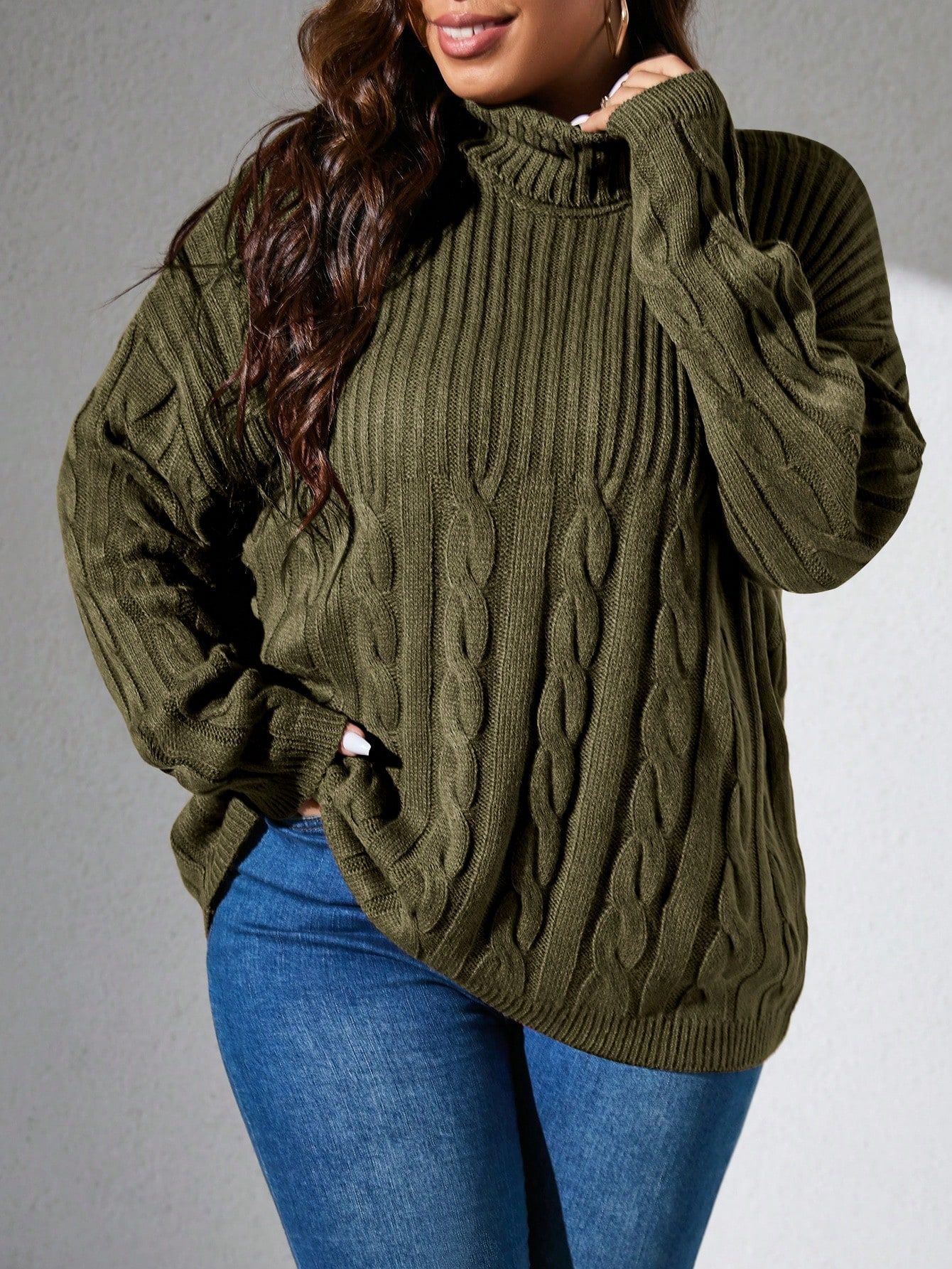Sweterek Luźny Z Golfem W Warkoczowy Splot Khaki Casual Shein 3Xl 46