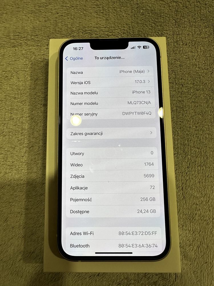 Telefon Apple Iphone 13 256 gb Księżycowa poświata biały jak nowy