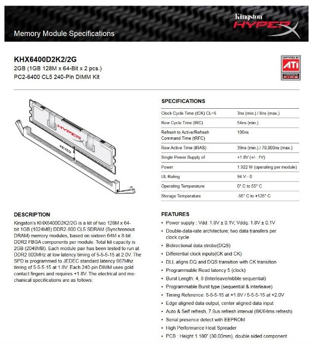 Kit 4gb ddr2 - memorias 4x1gb ddr2 pc6400 Kingstom HyperX