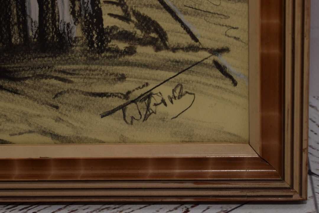 Wiktor Zin 1979 - Stary Młyn - Pastel za Szkłem - Polski Obraz Olejny