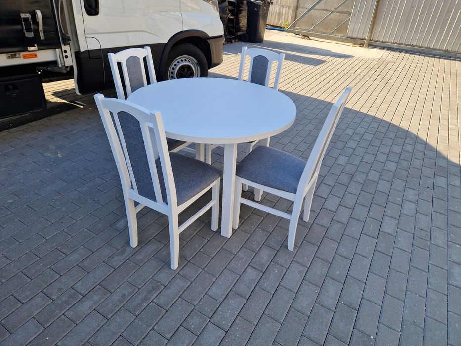 Nowe: Stół okrągły rozkładany + 4 krzesła , biały + szary , dostawa PL