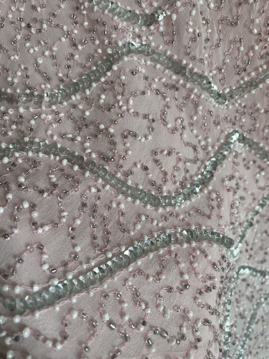 100% jedwab bogato zdobiona bluzka XL pudrowy róż cekiny koraliki