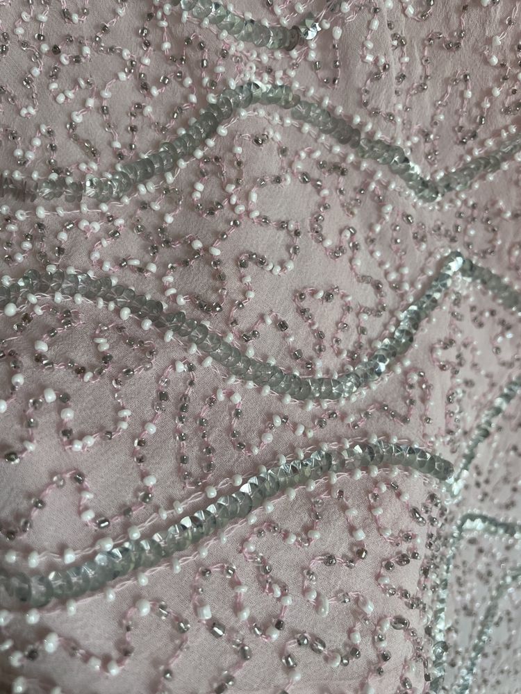 100% jedwab bogato zdobiona bluzka XL pudrowy róż cekiny koraliki