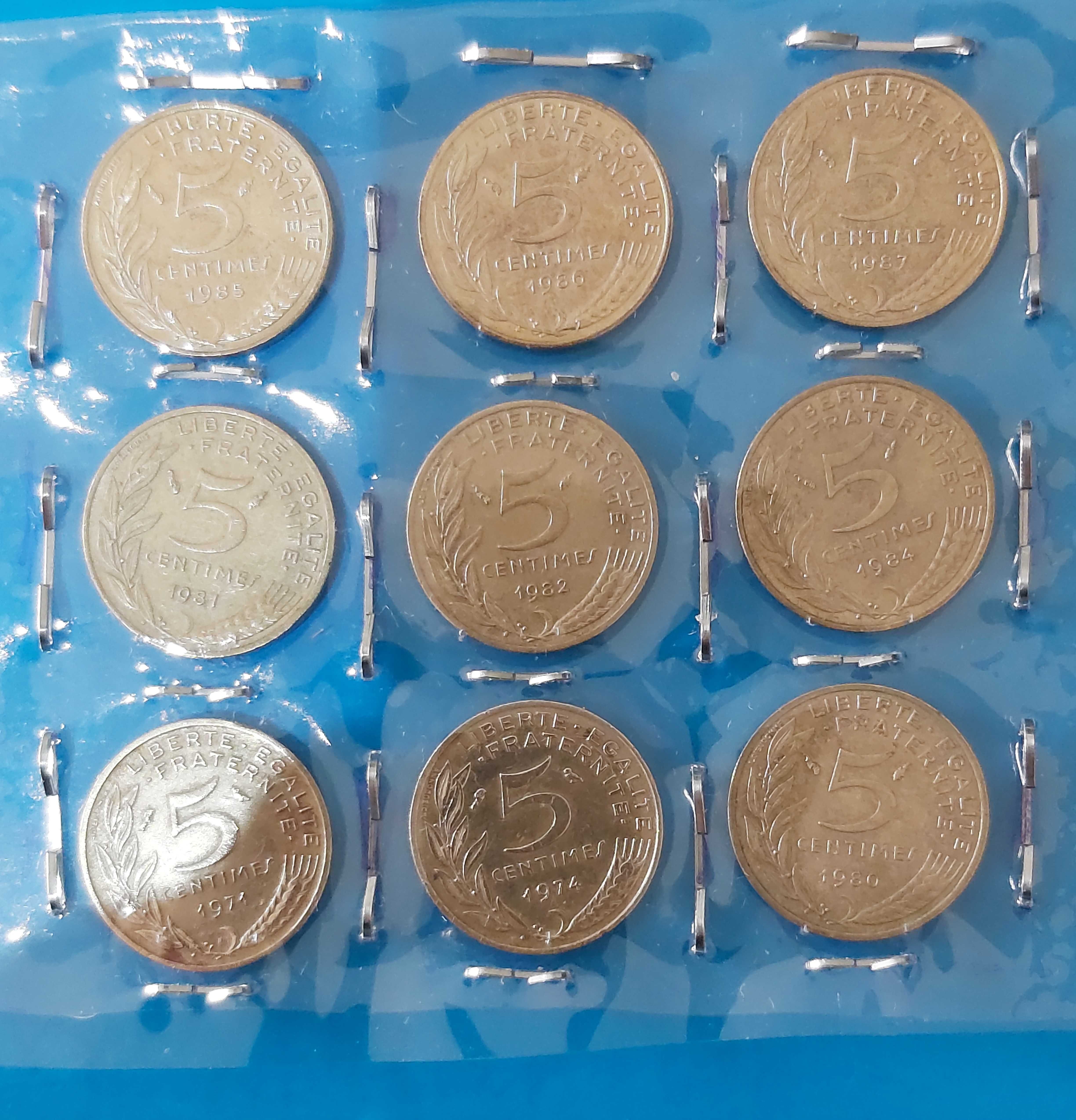 Lote 9 moedas de 5 Cêntimos de 1971/74/80/81/82/84/85/86/87, França
