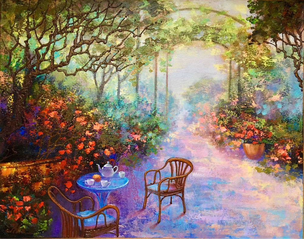 КАРТИНА пейзаж «Столик в саду» 55х70 (полотно/акрил) фактурний живопис