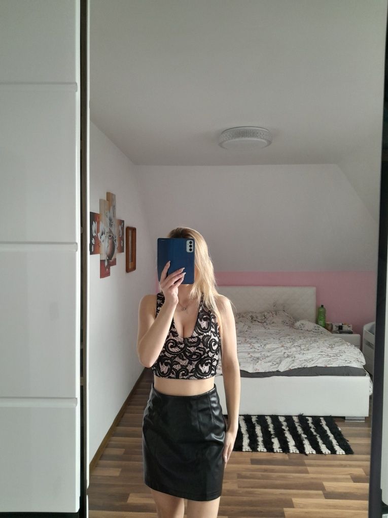Skórzana spódnica mini woskowana wysoki stan elegancka sexy kobieca