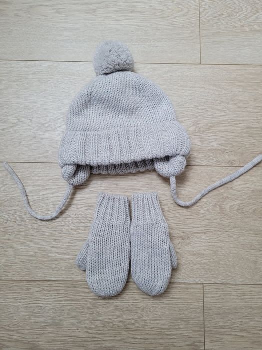 Komplet czapka uszatka+rękawiczki h&m rozm. 74/80 SUPER STAN +gratis
