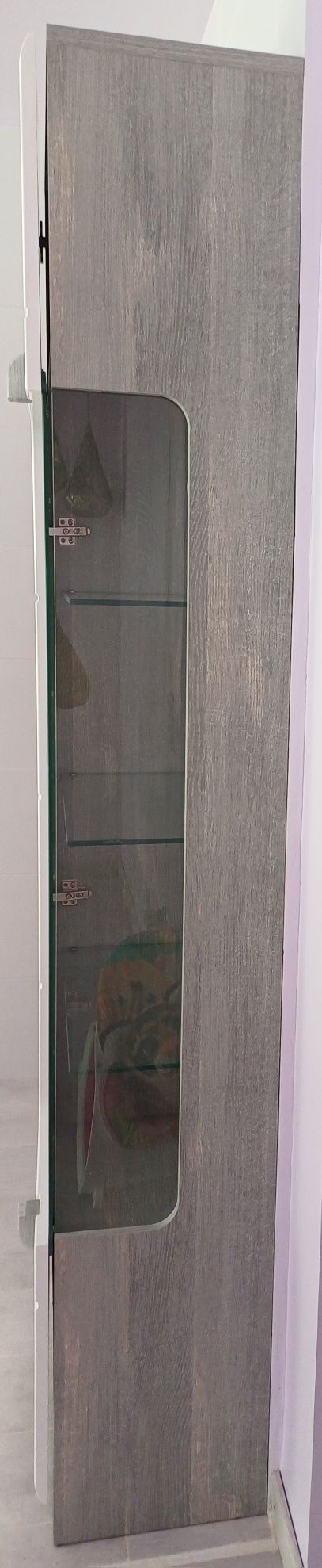 Movel com porta de vidro e prateleiras.