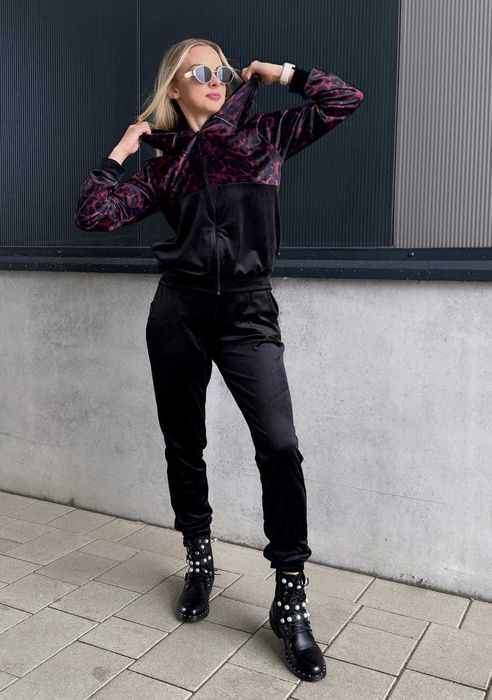 Dresy damskie welurowe w panterkę spodnie + bluza bordowe r.S wys.24h