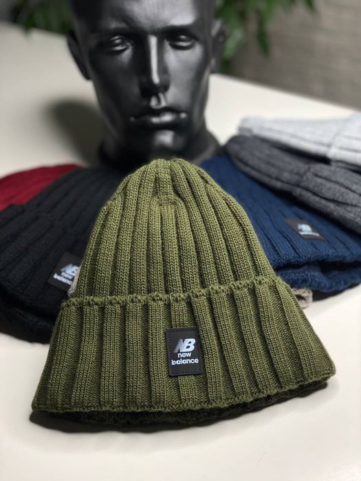 -40% Мужская шапка на флисе New Balance 52-62 черная/серая/хаки ЗИМНЯЯ
