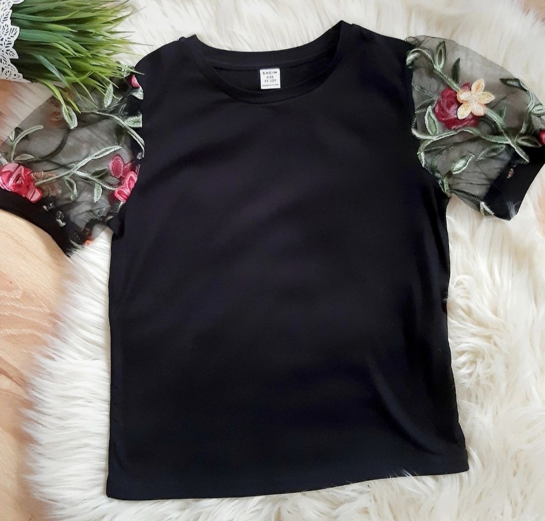 SHEIN Dziewczęce Tshirty Siateczka kontrastująca Haft Kwiatowy Casual
