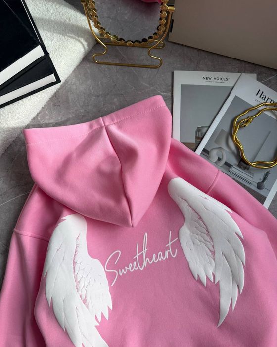 Женское худи на флисе с крыльями розовое Жіноче худі трьохнитка фліс