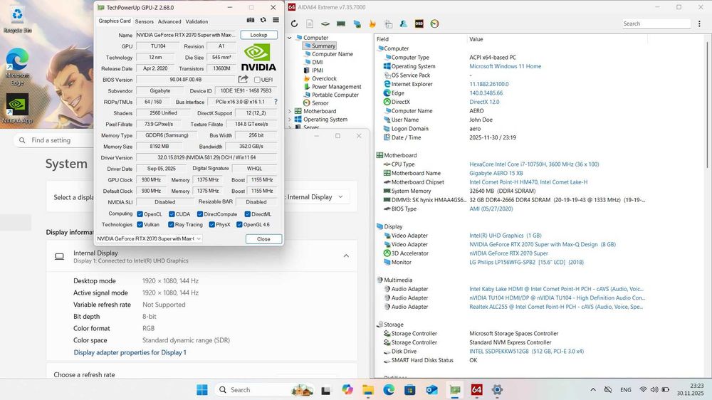 Ігровий ноутбук Gigabyte AERO 15 /i7-10750H /32 /512 /RTX 2070 Super