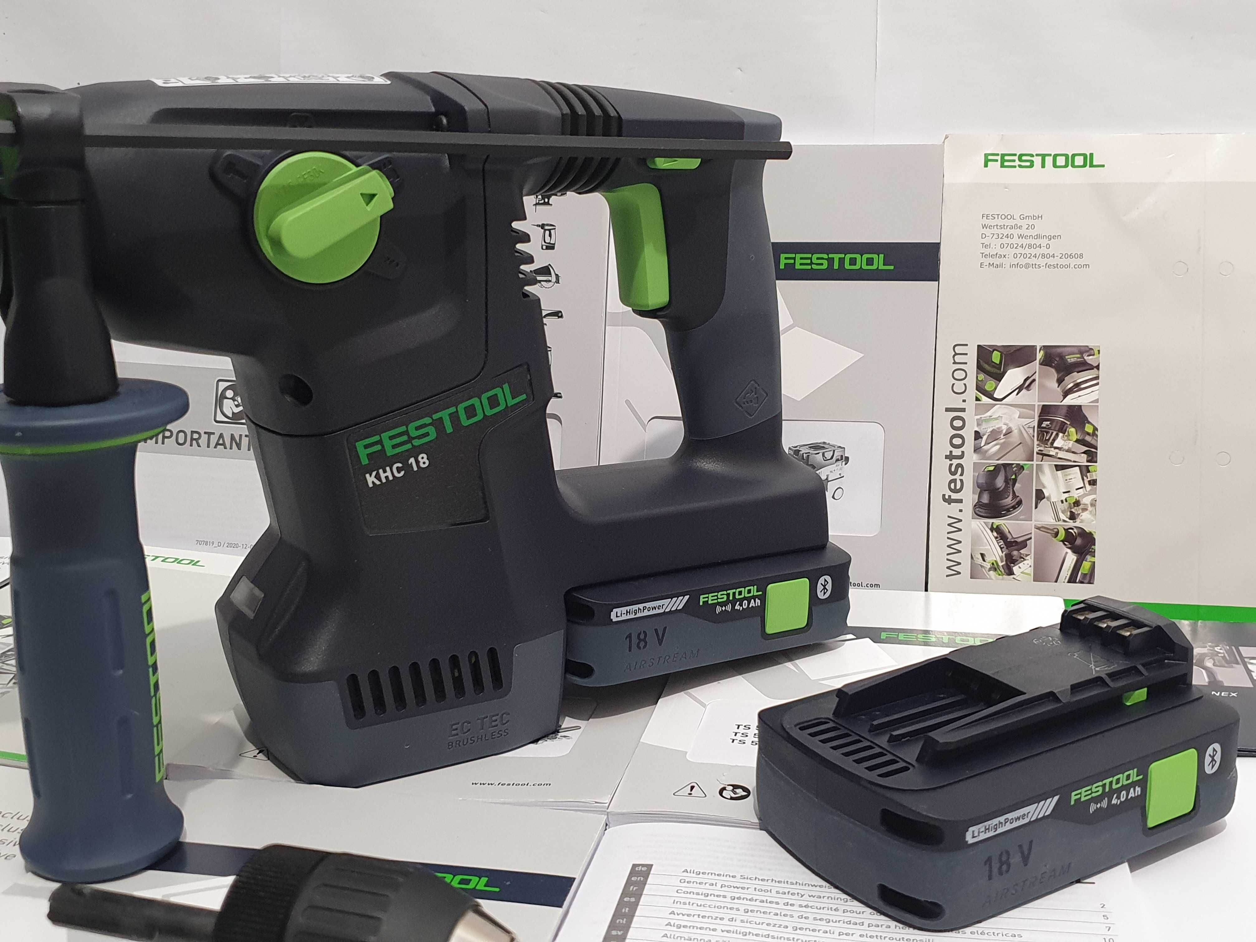Duży zestaw młotowiertarka FESTOOL KHC 18-2szt bateria 18v 4ah-adapter