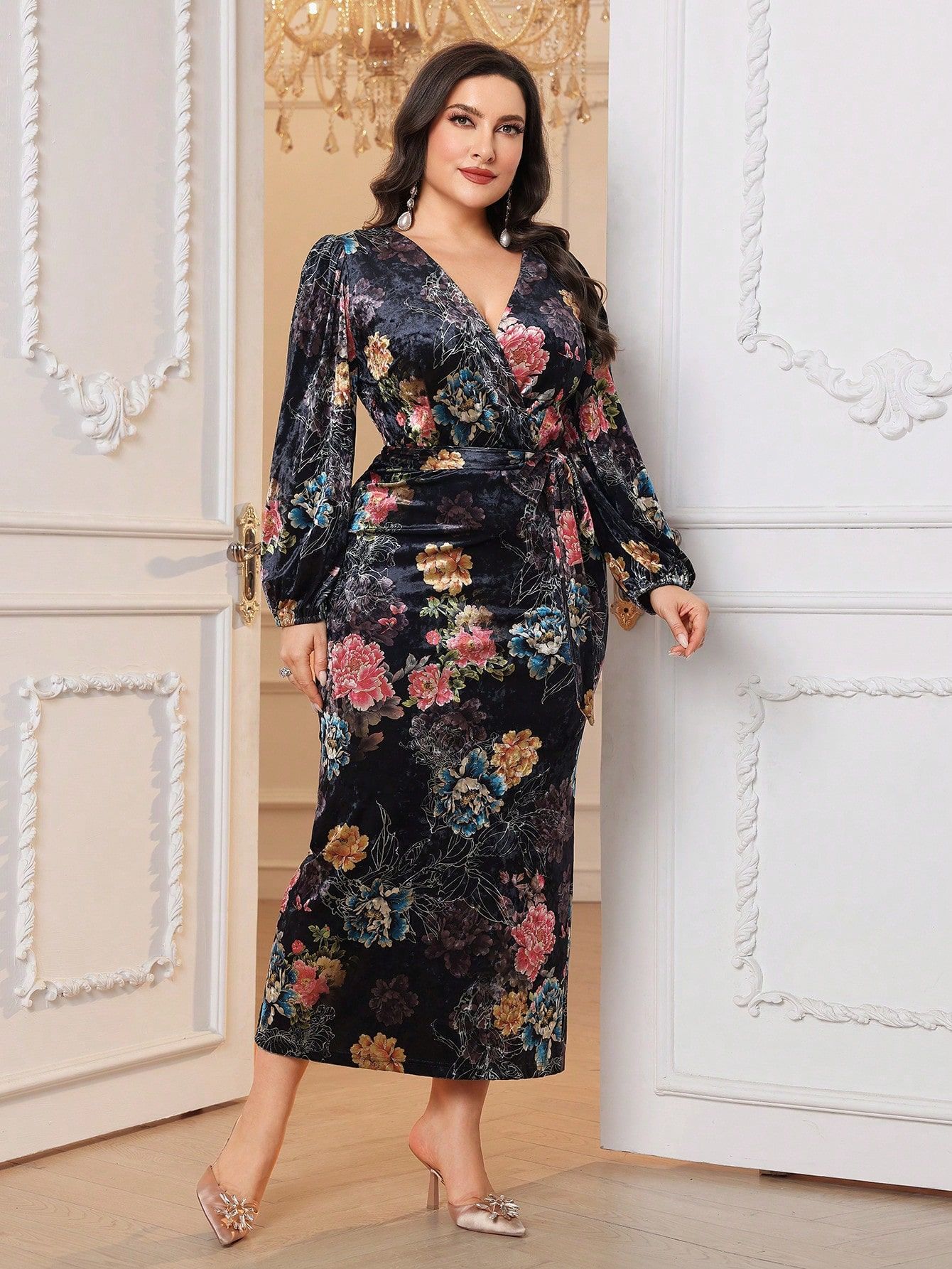 Sukienka Maxi Aksamitna Elegancka Ołówkowa W Kwiaty Shein Xxl 44