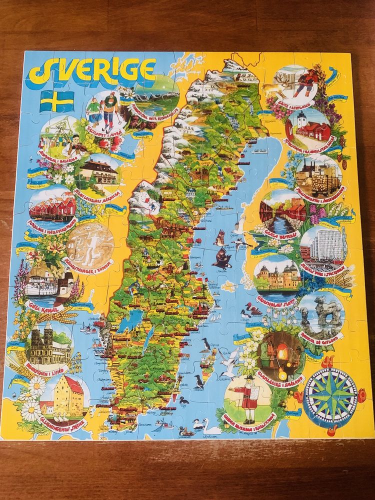 Drewniane puzzle mapa Szwecji, karnan, vintage