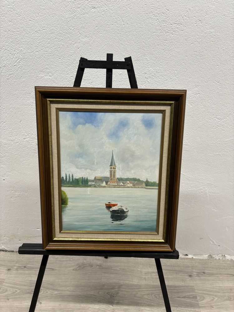 Piękny obraz w drewnianej oprawie pejzaż
