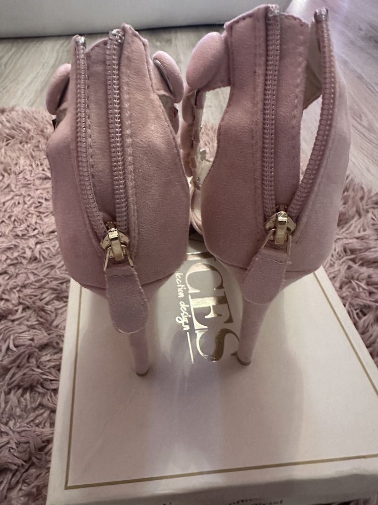 Buty szpilki na obcasie sandałki róż pudrowy zloto
