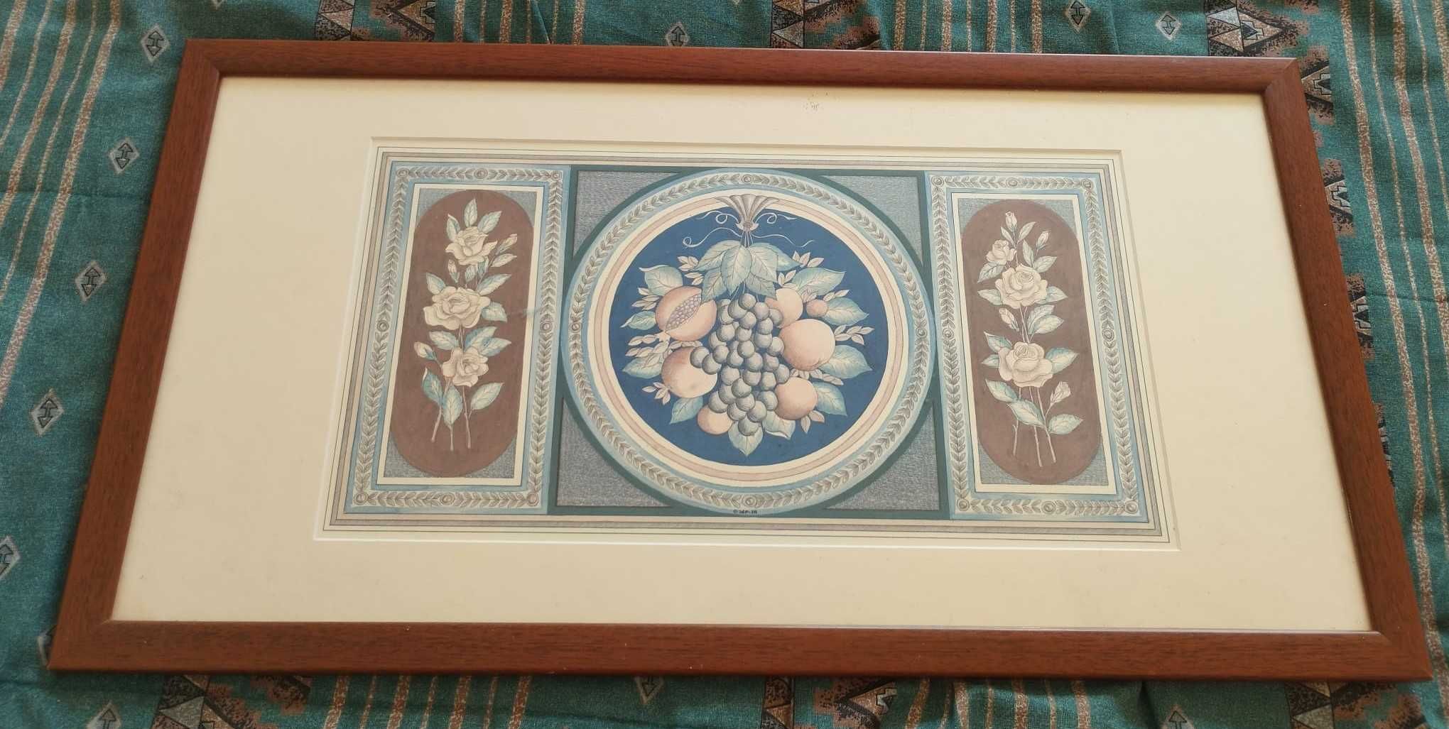 Quadro retangular, com flores e frutos