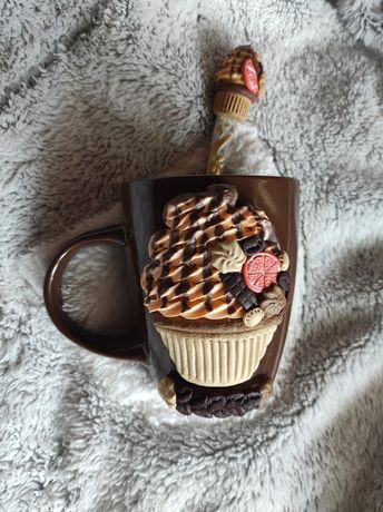 Чашка керамическая с ложечкой ручной работы с декором