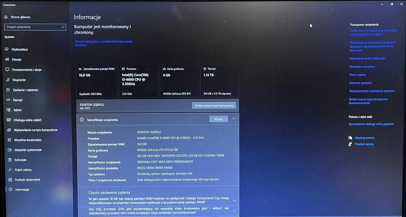 Komputer PC i5, GTX970, 16GB ram, SSD, W10