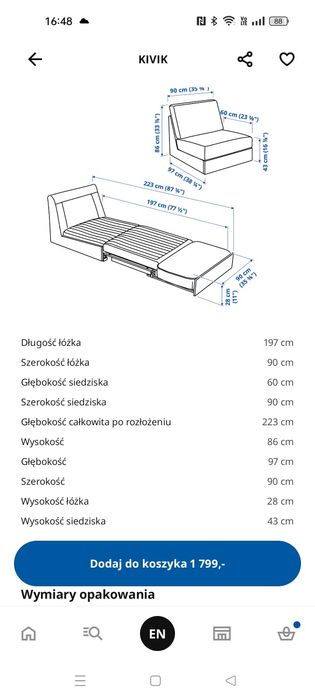 Sofa rozkładana 1 osobowa Kivik Ikea