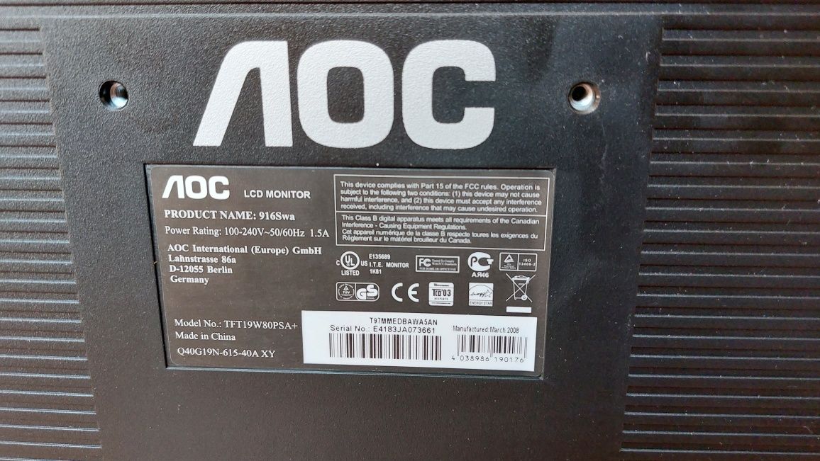 Monitor Aoc model TFT19W80PSA+