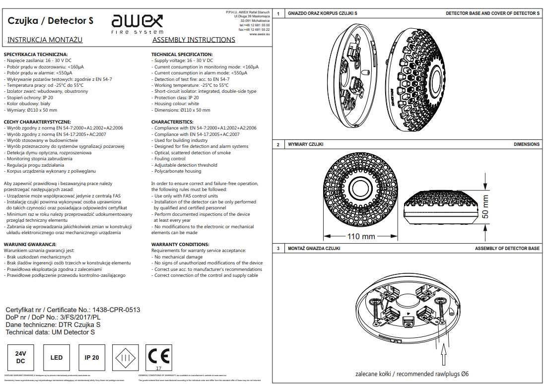AWEX Czujka Czujnik Dymu S FSD002 + Obudowa Wyprzedaż -60%