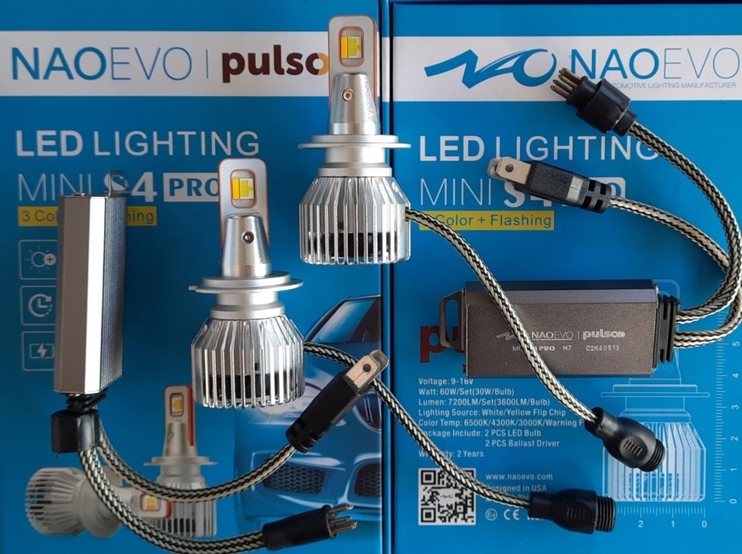 КОМПЛЕКТ: LED-лампы NAOEVO S4 H4 H7 H1 H27 3000K/4300K/6500K