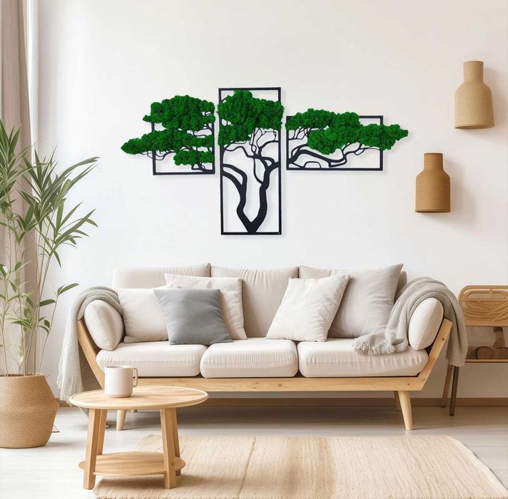 Nowoczesny żywy obraz z mchem. Drzewo. Obraz 3D ażurowy. Duży