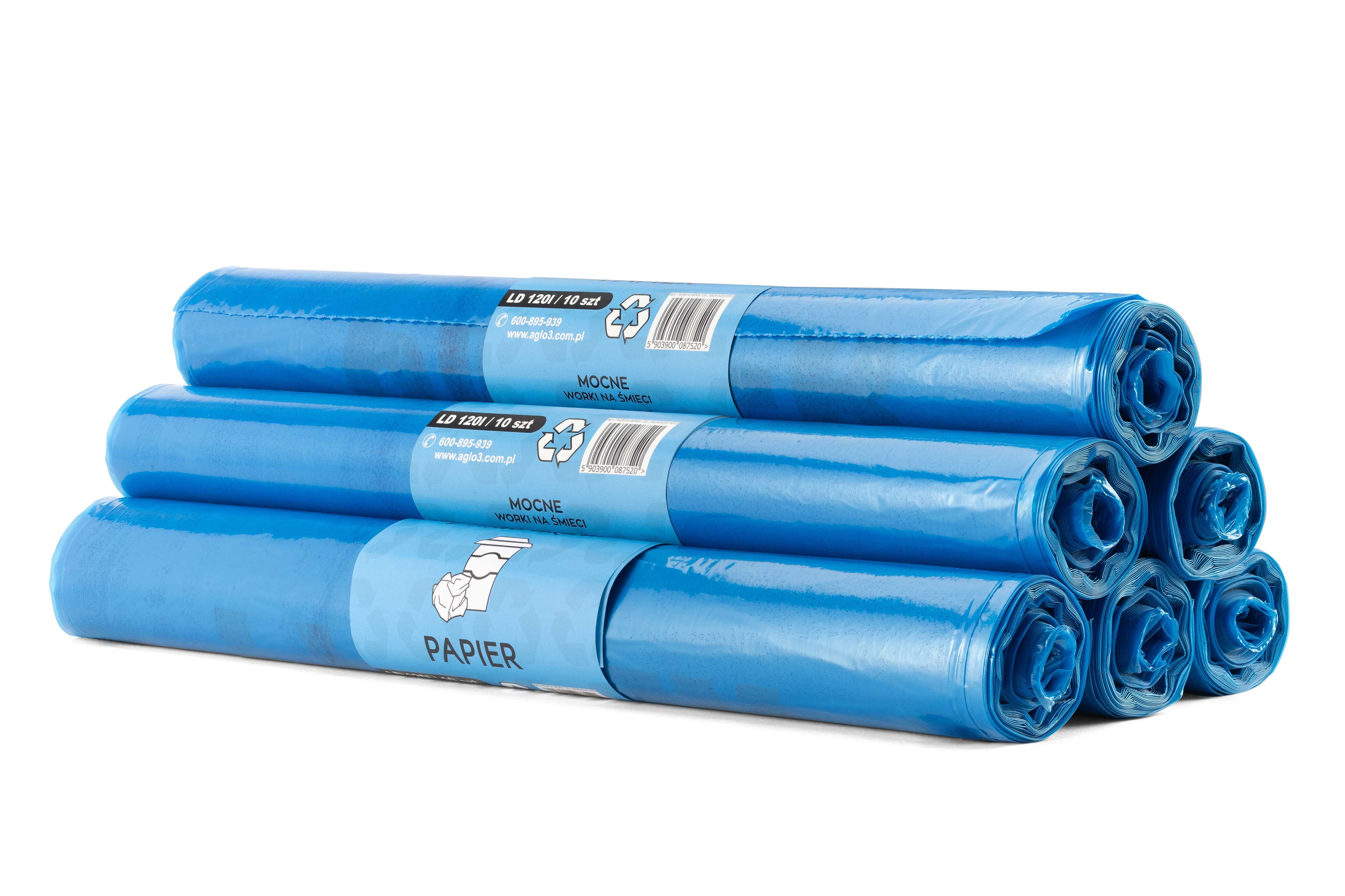 worek 120l na PAPIER - niebieskie 10 szt Z NADRUKIEM – SOLIDNE!