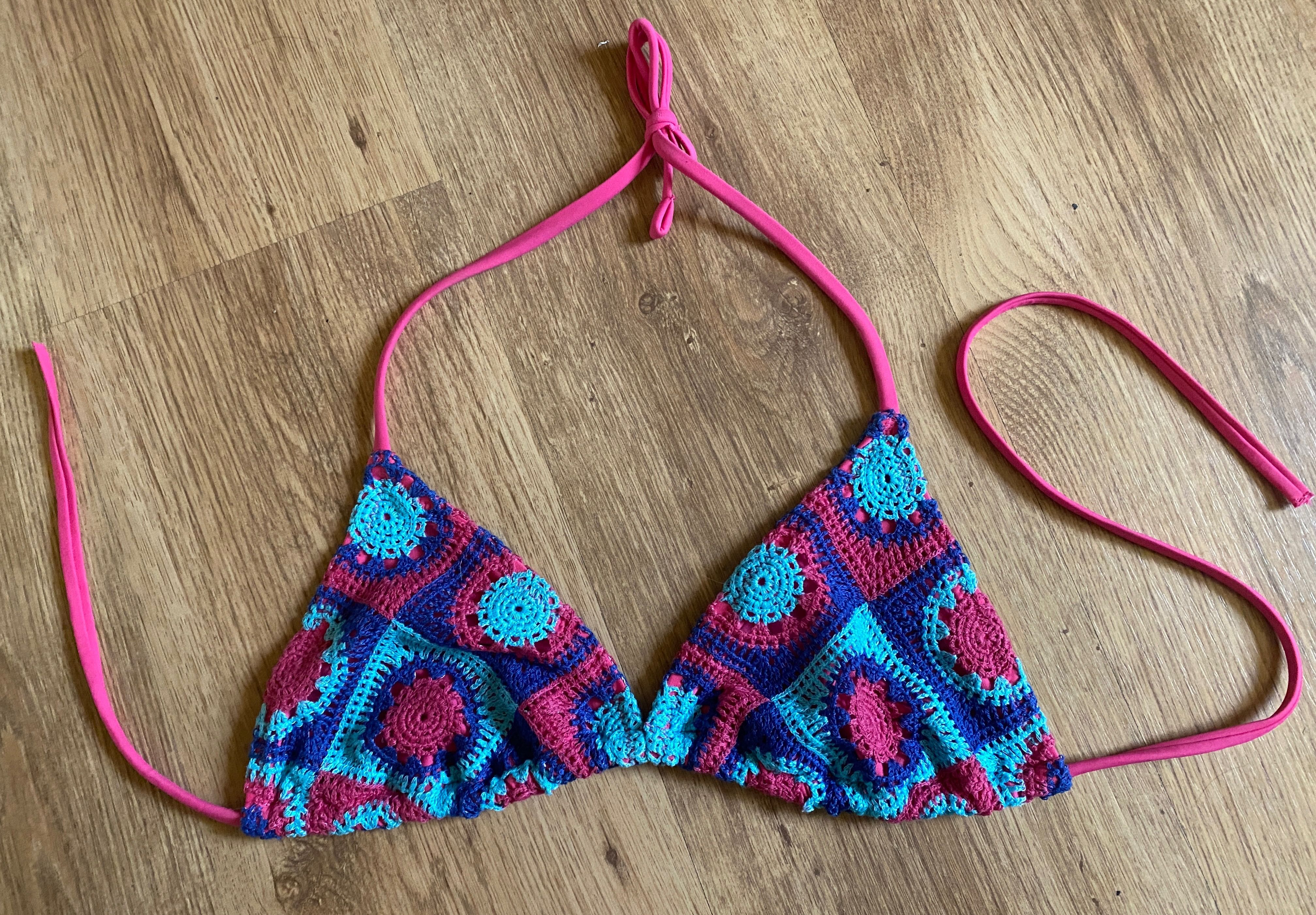 Bikini stanik biustonosz top vintage crochet na szydełku różowe