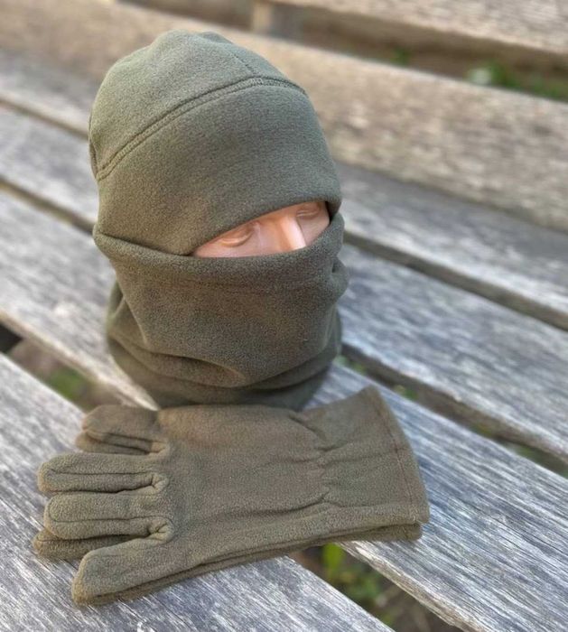 Зимовий флісовий комплект шапка + баф олива, піксель, мультикам S M L