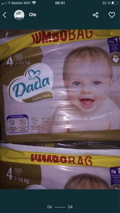 Mega duży zestaw Pieluchy Dada jumbobag extra care pampersy 4 7-16kg