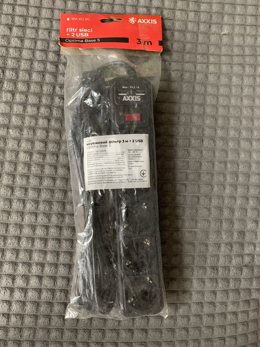 Axxis Optima Base 5 — фільтр‑подовжувач 3 м + 2 USB, 5 розеток