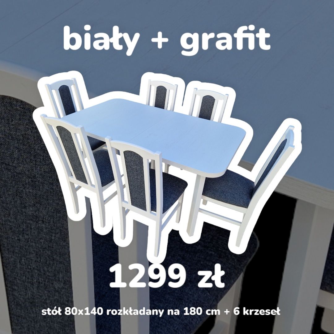 Nowe: Stół 80x140/180 + 6 krzeseł, biały + grafit, dostawaPL