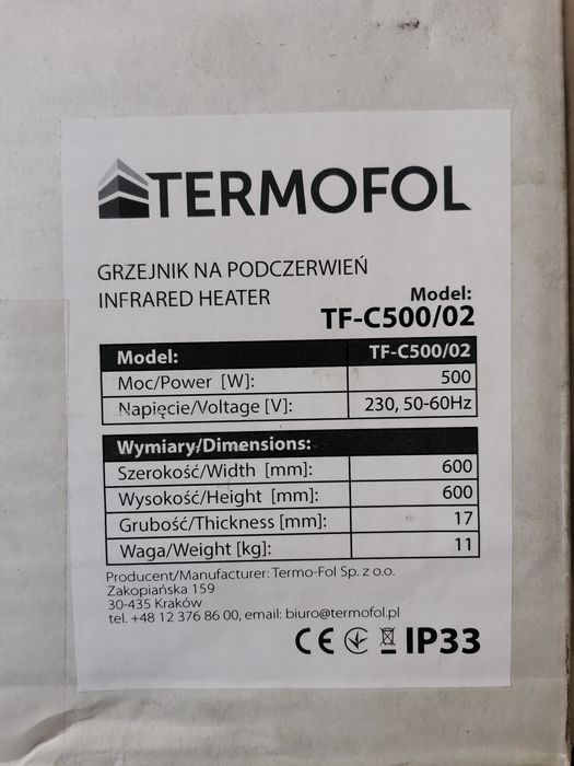 Ceramiczny panel grzewczy, grzejnik Termofol TF-C500/01