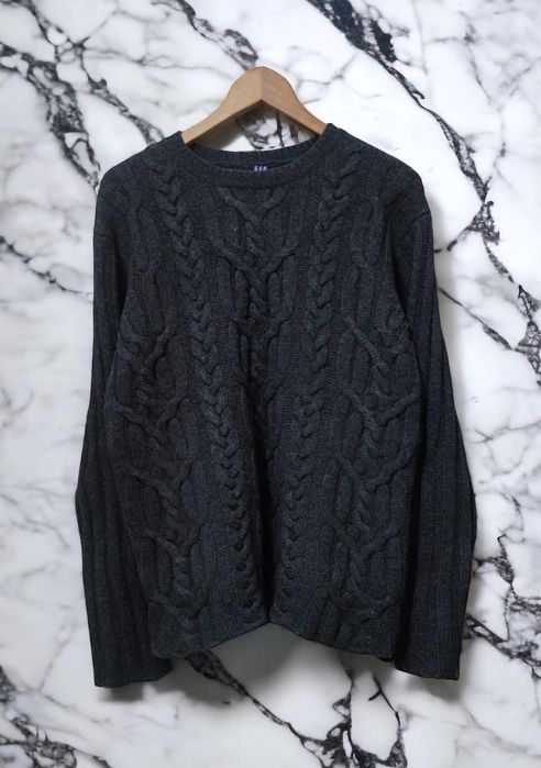 Sweter męski siwy z plecionym wzorem GAP classic sport retro vintage d