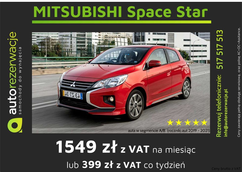 Wynajem wypożyczenie samochodów/aut za 1299 za 30 dni lub 339 co 7 dni