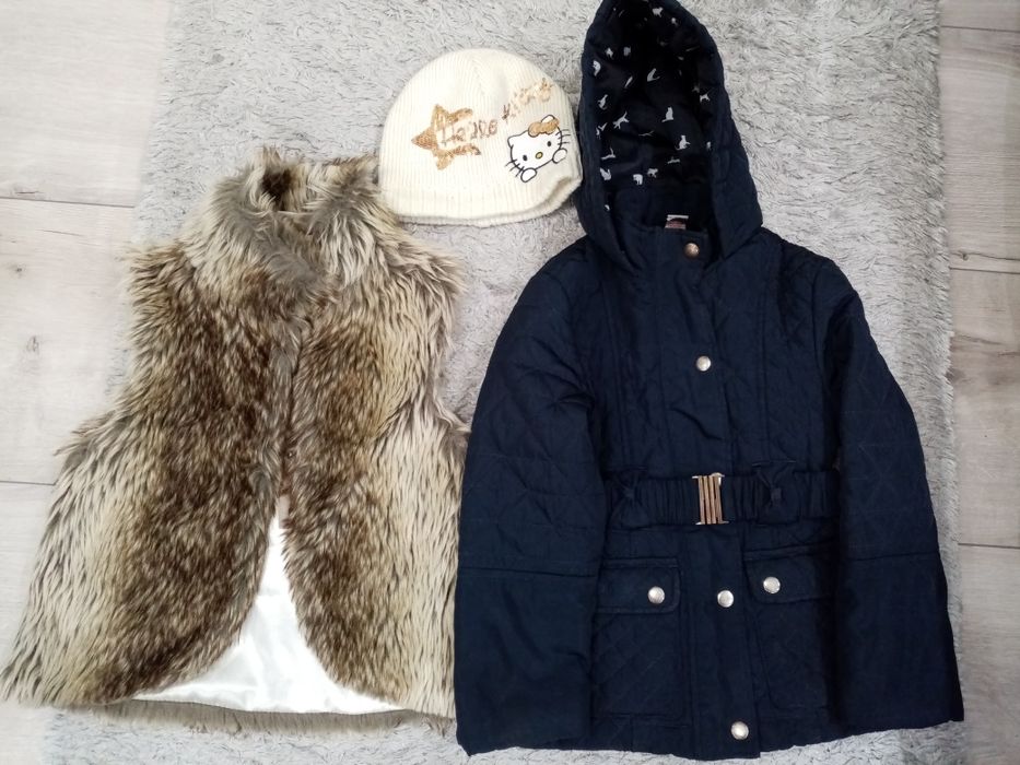 Kurtka 110-116, bezrękawnik-futerko, czapka