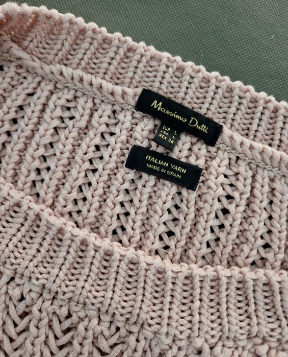 Ciepły sweter splot warkoczowy pudrowy róż bawełna L 40 Massimo Dutti