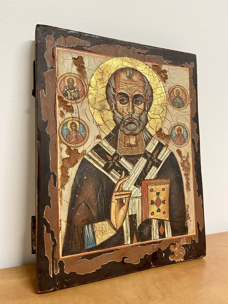 Duża ikona Św. Mikołaj drewno 40x30cm Brzozowski 1978 rękodzieło